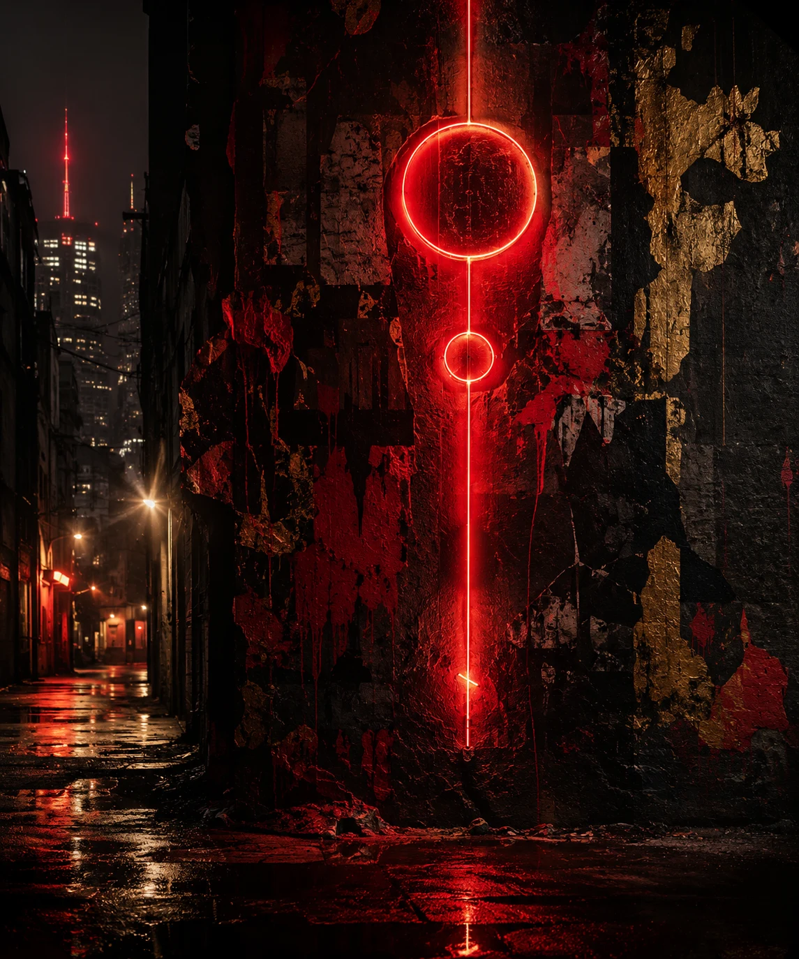 A dark rain-soaked alley with a glowing red signal mural and gritty gold textures